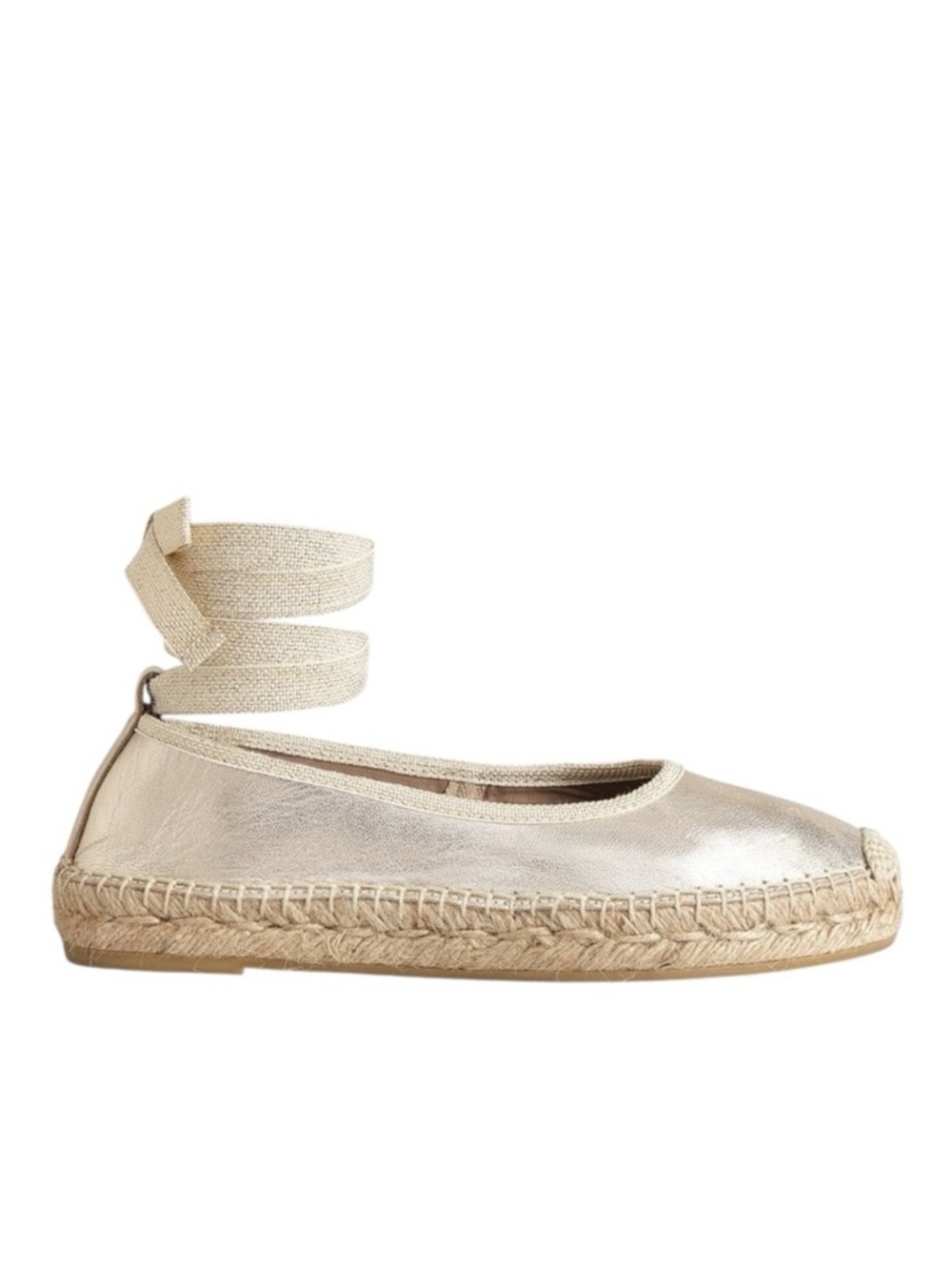 NEW Boden Metallic Gold Ribbon Ankle Tie Wrap Espadrilles in Gold Foil - 6.5